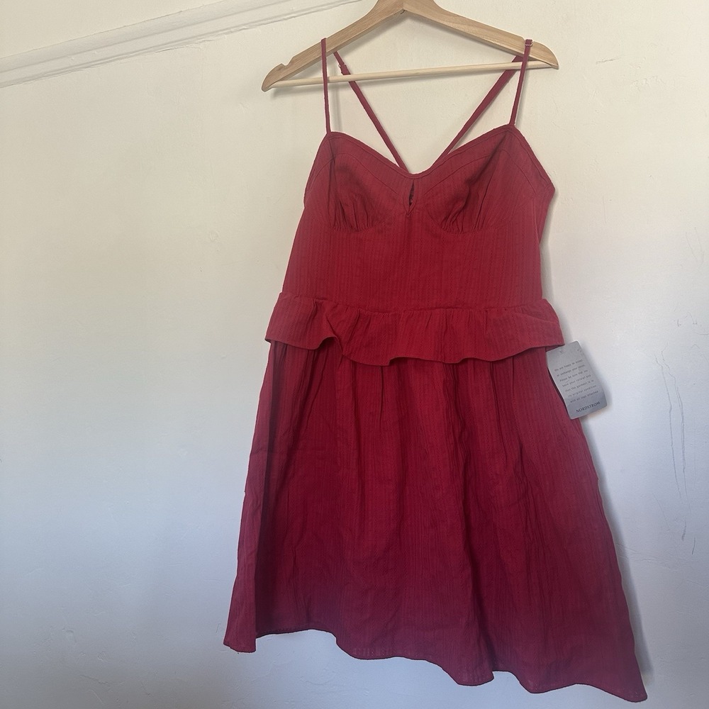 Betsy Johnson Bustier Peplum Red 100 % Cotton Mini Dress Sz Large Boho Strappy